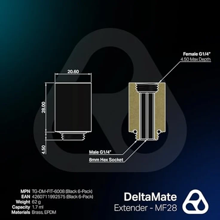 Thermal Grizzly DeltaMate Extender MF28-6er Pack, Verlängerungsfitting 28mm aus CNC-gefrästem Messing, Schwarz, G1/4 Zoll Gewinde, für modulare Wasserkühlungen – Bild 5