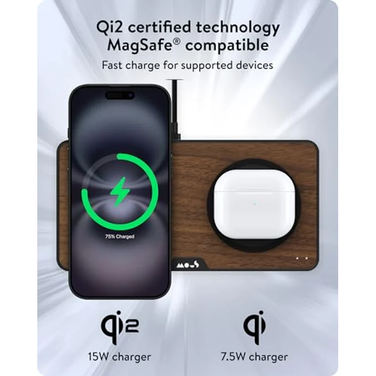 Mous Dual-Ladestation, Qi2 bis 15 W Schnellladung, MagSafe-kompatibles Ladegerät, USB-C-Kabel, Walnuss – Bild 3