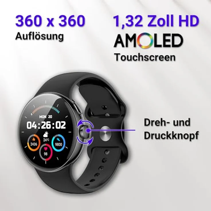 XINJI SmartWatch N2, Bluetooth Fitnessuhr mit AMOLED Touchpanel, Puls-/HRV-/Blutsauerstoff-Messung, Schlafmonitor, Musikspeicher, Kalorien-/Schrittzähler, Benachrichtigungsfunktion, wasserdicht, schwarz – Bild 2