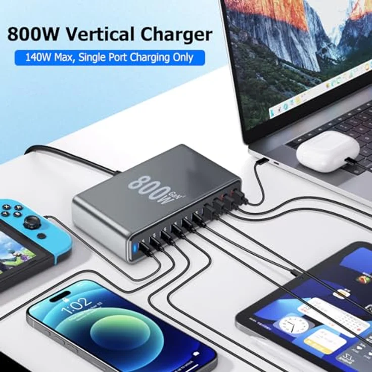 Lizoak 800W USB C Ladegerät, GaN Netzteil mit 10-Port Multi-Geräte Schnellladeleistung, PPS PD 140W, vertikal, kompatibel mit iPhone, MacBook Pro/Air, Galaxy – Bild 2
