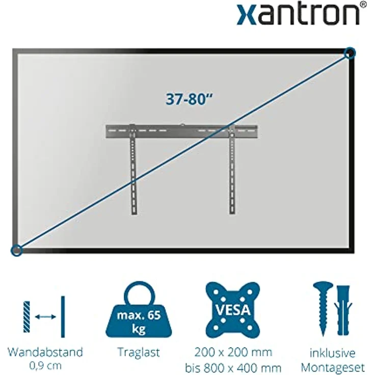 Xantron® PRO-SS800 Ultraslim  Feste Wandhalterung für Fernseher 37-80 Zoll, VESA 200x200 bis 800x400, max. 65kg, flach, Minimaler Wandabstand 9mm - inkl. Montagematerial – Bild 2