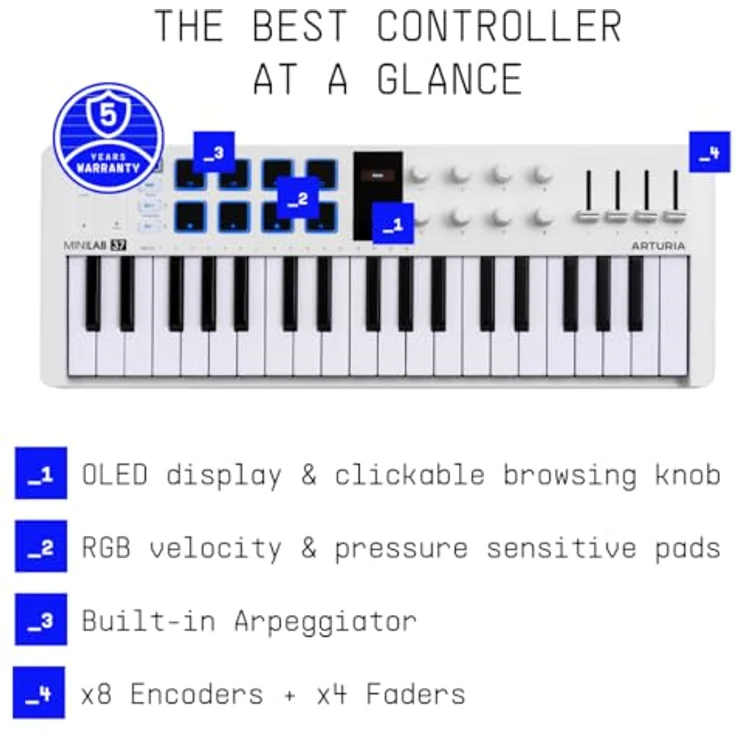 Arturia MiniLab 37 White, USB Midi-Controller mit 37 anschlagdynamischen Slim-Keys und 8 RGB-beleuchteten Pads – Bild 4