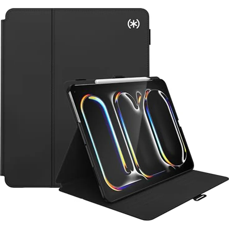 Speck iPad Pro 12,9–13 Zoll Hülle (Modell 2024, 7. Generation) mit Stifthalter und Kameraschutz, Multi-Range-Ständer, Balance Folio - Schwarz