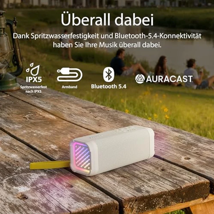 Philips TAS2000W, kabelloser Bluetooth-Lautsprecher mit LED-Lichtshow, 20 W Bass+, IPX5 spritzwassergeschützt, 20 Std. Wiedergabezeit, Mikrofon, App-Steuerung – Weiß – Bild 4