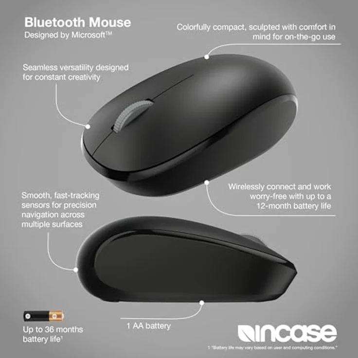 Incase Bluetooth-Maus von Microsoft, kompakt mit 12 Monaten Akkulaufzeit und präzisen Tracking-Sensoren, schwarz – Bild 2