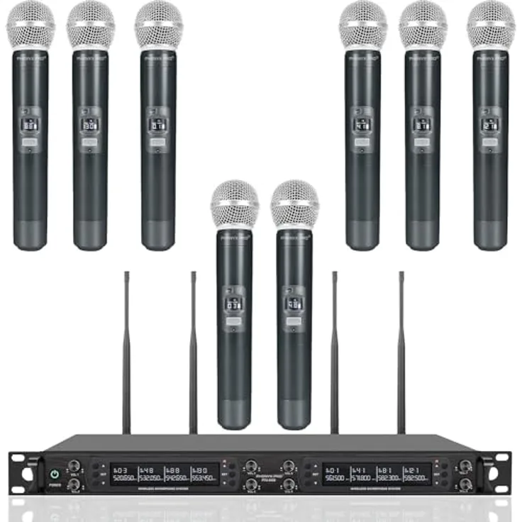 Phenyx Pro PTU-6000A, 8-Kanal Wireless Mikrofon System mit 8 Handheld Mikrofonen, 328ft Reichweite und automatischem Scan, für Gesang, Kirche, Karaoke