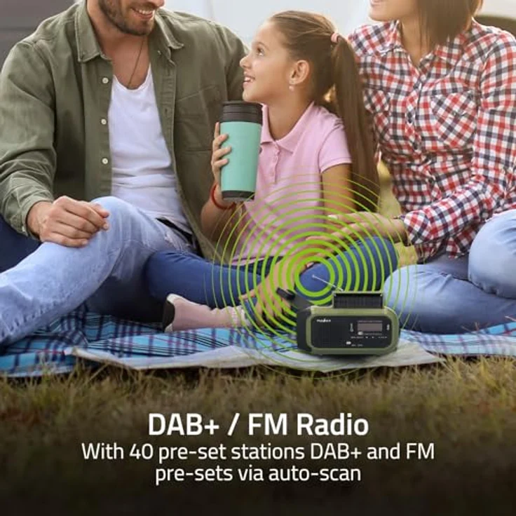 Nedis Tragbares Notfallradio DAB+/FM, batteriebetrieben, Handkurbel, solarbetrieben, USB-Stromversorgung, Wecker, grün/schwarz – Bild 5