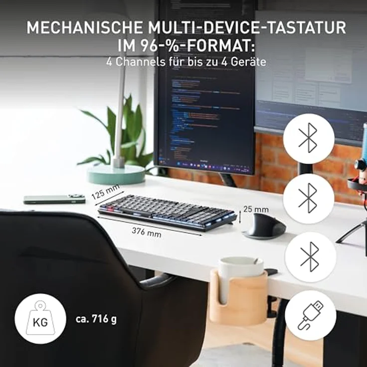 CHERRY KW 550 MX LP, Mechanische Low-Profile-Tastatur im 96-%-Format, Deutsches Layout (QWERTZ), Multi-Device-Funktion, MX LP 2.0 Ivory Switches, Schwarz, mit dimmbare LED-Beleuchtung und wiederaufladbarem Akku – Bild 2