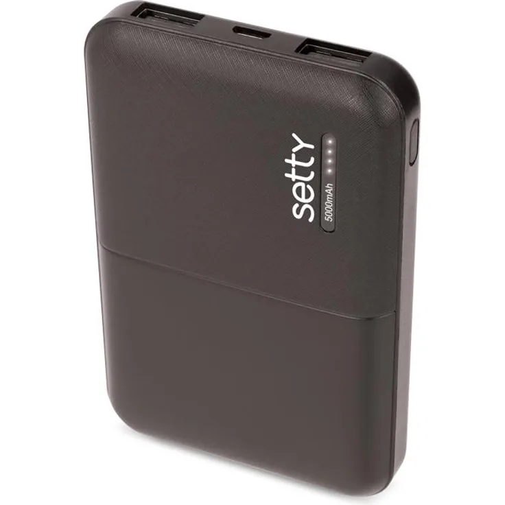 Setty SPB-05, 5000 mAh Powerbank Schwarz mit zwei USB-Ausgangsports und LED-Ladestandsanzeige