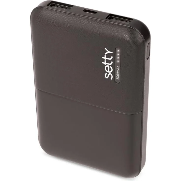 Setty SPB-05, 5000 mAh Powerbank Schwarz mit zwei USB-Ausgangsports und LED-Ladestandsanzeige