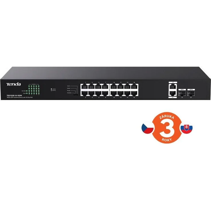 Tenda TTEG1120P-16-150W, Unmanaged Netzwerk Switch mit 18 Ports, PoE Unterstützung und 40 Gbit/s Switching-Kapazität, Schwarz