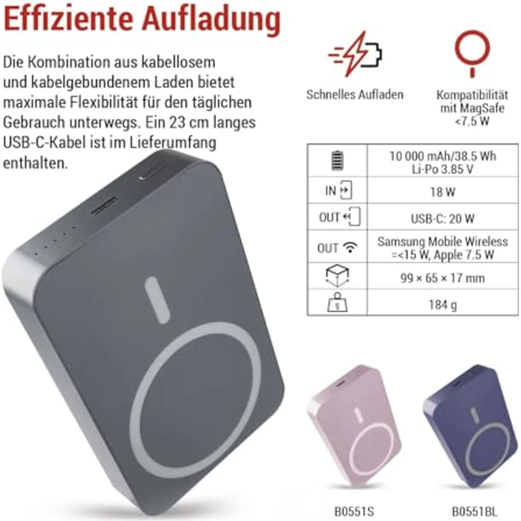 EMOS Powerbank 10.000 mAh WI 1046 mit Magnet - magnetischer externer Akku mit Passthrough und Wireless-Charging - USB-C-Ausgang, grau – Bild 2