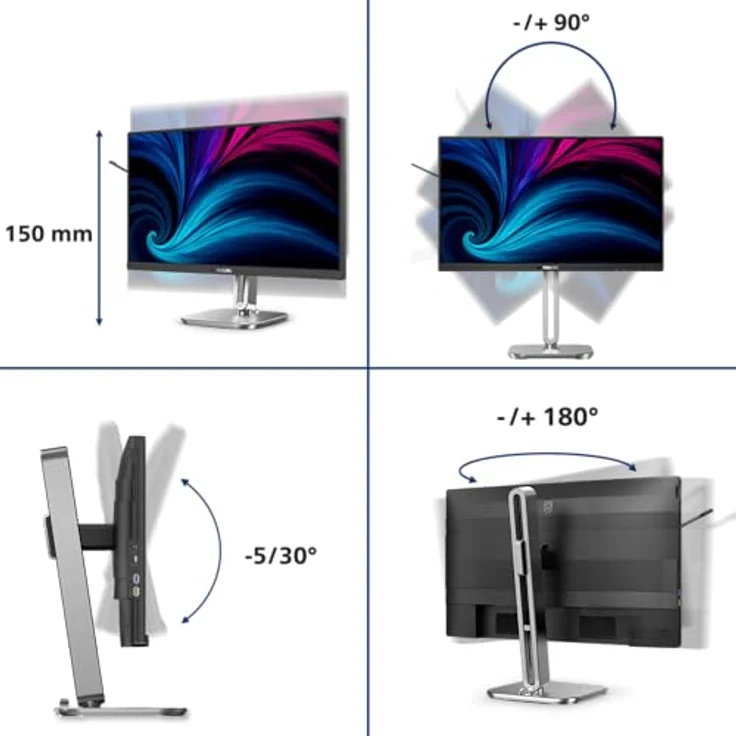 Philips 24B2U4301, 24 Zoll Full HD Monitor mit Lautsprechern, höhenverstellbar (1920x1080, 120 Hz, HDMI 1.4, DisplayPort 1.4, USB-C 100 W Power Delivery), schwarz grau – Bild 5
