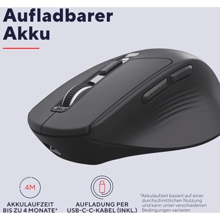 Trust Niven Kabellose Maus, Bluetooth + 2.4GHz, Leise Tasten, Ergonomisch, Wiederaufladbar, 800-3200 DPI, Schwarz, aus 50% Recyclingkunststoff – Bild 4