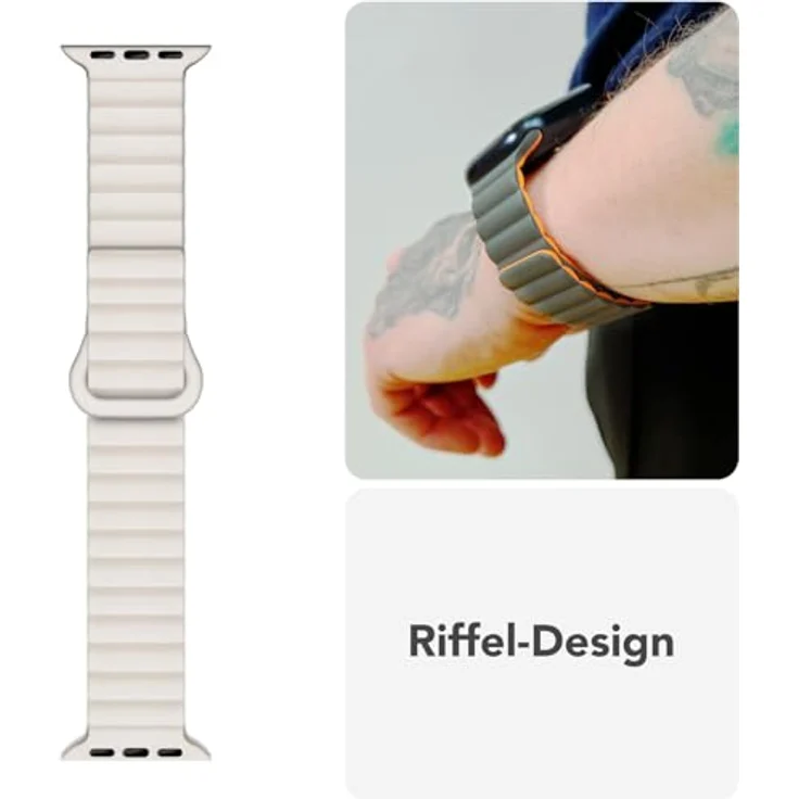 NALIA Core Magnet Armband für Apple Watch SE & iWatch Series 10-1, 38/40/41/42mm, Atmungsaktives Silikon Loop mit Rillen Design, Farbe: Polarstern Sandweiss – Bild 4