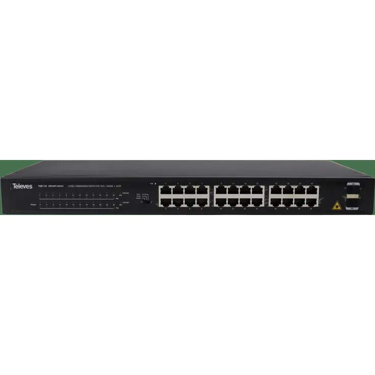 Televes SWUMP100024 (24 Ports) Unmanaged Layer-2 Netzwerk Switch, PoE+ und 2 SFP-Ports, 370W Gesamtleistung, Metallgehäuse - Televes