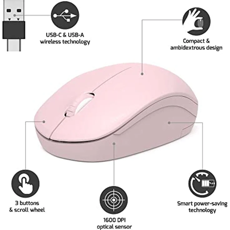 Port Designs Anschluss für kabellose Maus, PC, kabellos, 2,4 GHz, Kollektion 2 für Computer – optischer Sensor 1600 DPI – 3 Tasten – kompakt, beidhändig & leise, Rosa – Bild 3