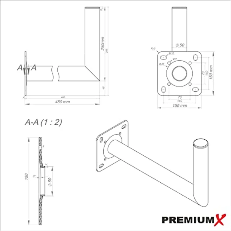 PremiumX SAT Anlage PXS60, 60cm Satellitenantenne in Hellgrau mit Quad LNB und 45cm Wandhalter aus Aluminium – Bild 8
