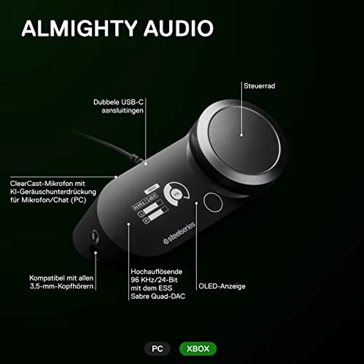 SteelSeries GameDAC Gen 2 (Xbox) Hi-Res-Audio-Verstärker – ESS Sabre Quad-DAC – KI-gestützte Geräuschunterdrückung – 360-Grad Surround-Sound– Hi-Res-Zertifizierung – PC, Xbox, PS5, PS4 – Bild 3