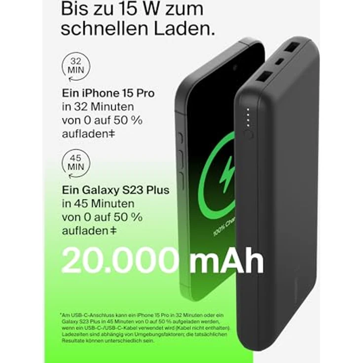 Belkin tragbares Ladegerät, 4-in-1-Power-Paket mit 20.000 mAh Power Bank, 25 W USB-C-Ladeblock, 60 W USB-C-Kabel und Reisetasche – schnelles Laden für mehrere Geräte, kompaktes Design – Bild 6