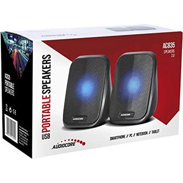 Audiocore AC835 2.0 Stereo-Lautsprecher mit LED-Hintergrundbeluchtung für PC Laptop Smartphone 2x3W RMS USB AUX Kompakt – Bild 3
