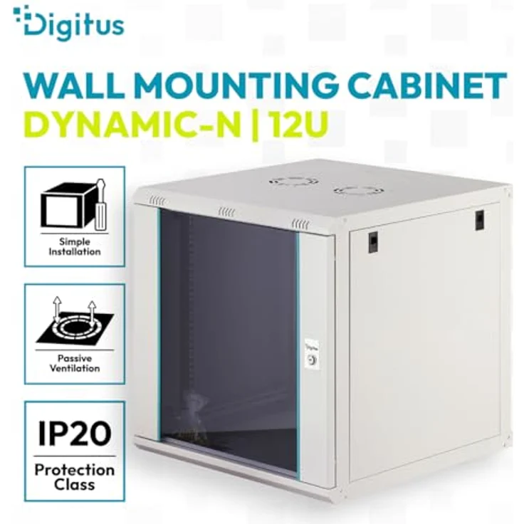 DIGITUS Netzwerkschrank 19-Zoll Rack 12HE, unmontiert, Wandmontage, 600 mm Tiefe, 60 kg Traglast, abschließbare Glastür, Dynamic-N Serie, grau – Bild 2