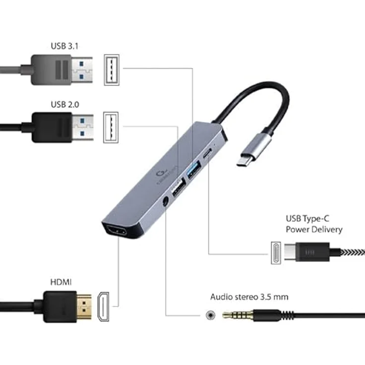 Gembird USB Typ C 5 in 1 HUB, HDMI PD Audio Stereo Adapter mit vielseitigen Anschlussmöglichkeiten – Bild 3