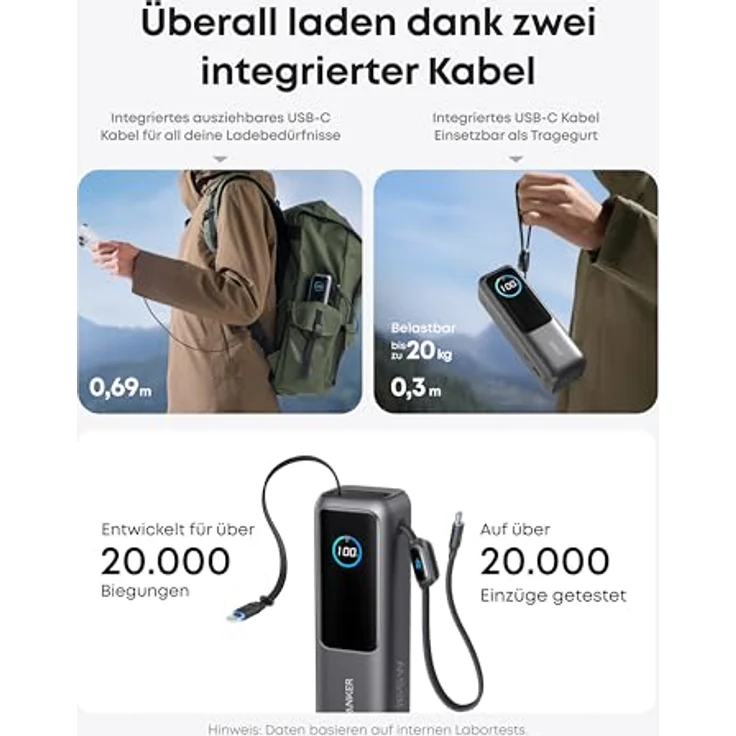 Anker Laptop Powerbank, 25.000mAh externer Akku mit 3X 100W USB-C Ports, Integriertes + einziehbares Kabel, Für iPhone 16/15, MacBook, Samsung - Schwarz – Bild 3
