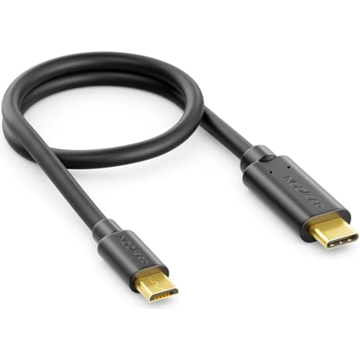 deleyCON 0,30m USB-C auf Micro-USB Kabel - Ladekabel und Datenkabel mit Wendbarem C-Stecker - Schwarz – Bild 1