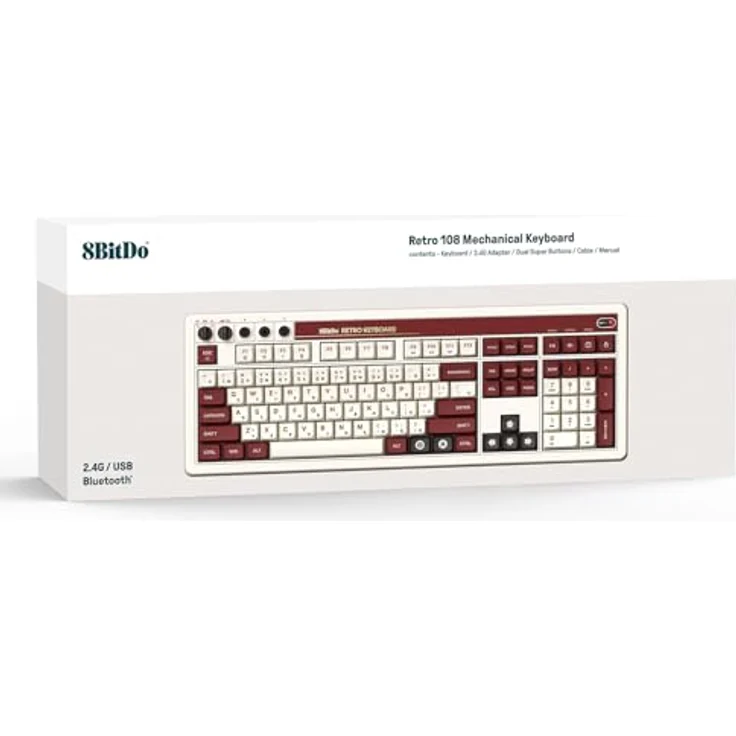 8BitDo Retro Mechanische Tastatur (Fami Edition) mit Numpad und Dual Super Buttons, UK - 108 Tasten, Kailh Box Switches, Bluetooth/Wireless/Wired USB – Bild 5
