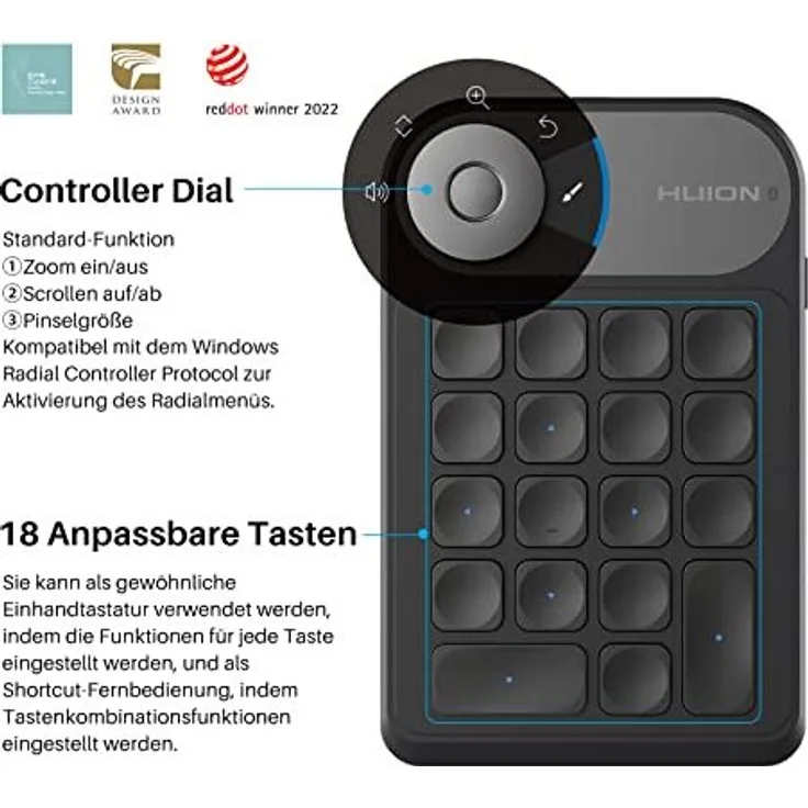 Huion Keydial Mini K20, KD100 2.0 Wireless Tastatur mit Bluetooth 5.0, 18 anpassbaren Tasten und ergonomischem Design, tragbar