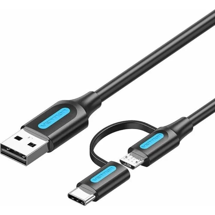 Vention CQDBF 2in1 USB 2.0 Kabel, USB-C/Micro-USB, 1m, schwarz, hohe Kompatibilität, 480 Mbit/s Übertragung, Schnellladeprotokolle