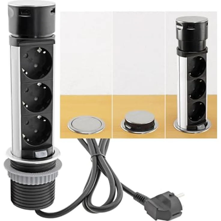 ChiliTec Versenkbare Einbausteckdose 3x Steckdose USB-A USB-C Edelstahl Rund Ladegerät Steckdosen für Schreibtisch Arbeitsplatte 230V mit 150cm Kabel Mehrfachsteckdose für Büro Küche Werkstatt Schwarz – Bild 3