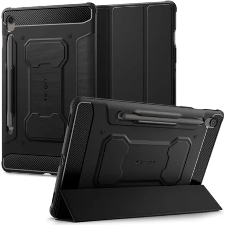 Spigen Rugged Armor Pro Hülle für Samsung Galaxy Tab S10 FE (2025) / Galaxy Tab S9 (2023), Schutzhülle mit S Pen Halter und Ladeunterstützung, Schwarz