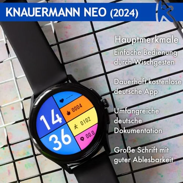 Knauermann Neo (2024) Gold Rund - Gesundheitsuhr Smartwatch - EKG + HRV Funktion - BT Bluetooth - Schlafapnoe - Blutdruck - Silikonband Schwarz, 14-24 – Bild 2