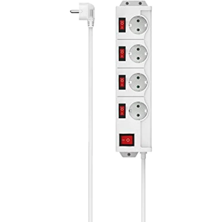 Hama Steckdosenleiste, 4-fach, Schalter, Wandmontage, 1,4m (Steckdosenleiste mit Schalter, einzeln schaltbar, 4 fach, Mehrfachsteckdose, Mehrfachstecker, mit Berührungsschutz, beleuchtet, 90°) weiß – Bild 1
