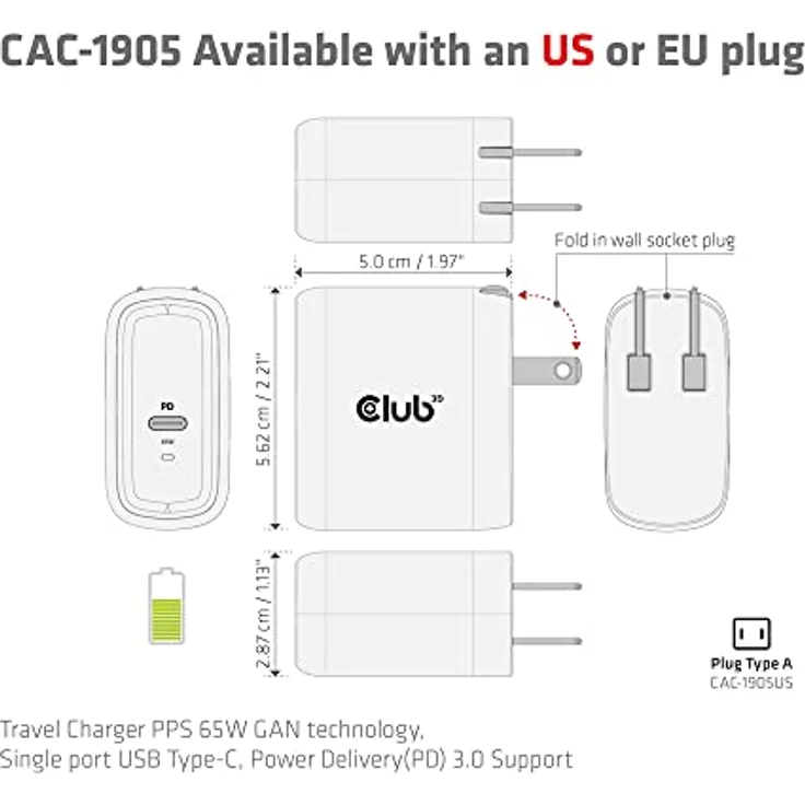 CLUB3D Travel Charger 65W GAN technology Single port USB Type-C Power Delivery(PD) 3.0 Support (CAC-1905EU) – Bild 5