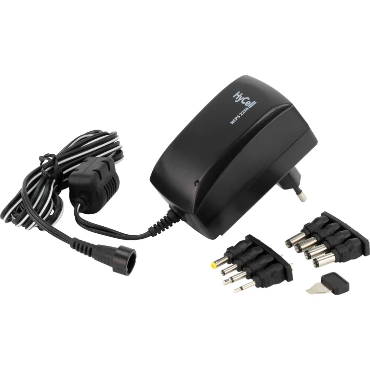 HyCell Ladegerät HCPS 27.0, Universal-Netzteil mit 2250 mA, 8-teiligem Steckerset und umschaltbarer Ausgangsspannung, schwarz