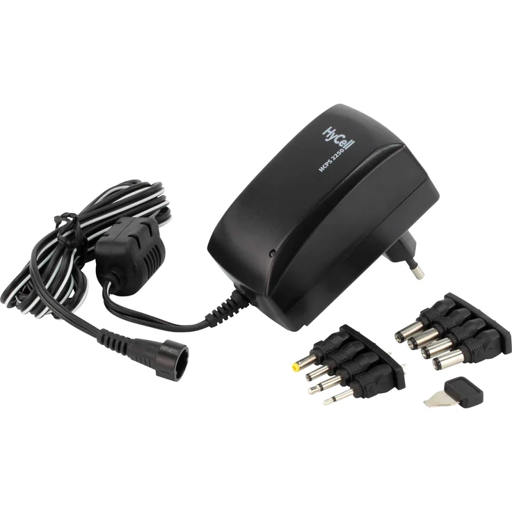 HyCell Ladegerät HCPS 27.0, Universal-Netzteil mit 2250 mA, 8-teiligem Steckerset und umschaltbarer Ausgangsspannung, schwarz
