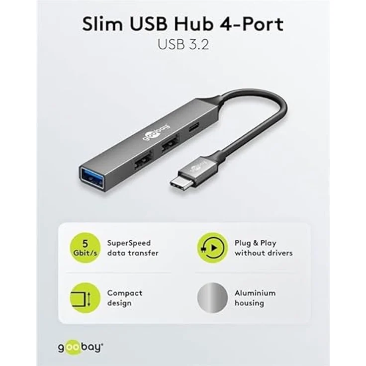 goobay 4-Port USB 3.2 Hub Slim, USB Verteiler mit USB-C zu 3X USB-A und 1x USB-C, 5 Gbits USB Splitter, Aluminiumgehäuse - 74459 – Bild 2