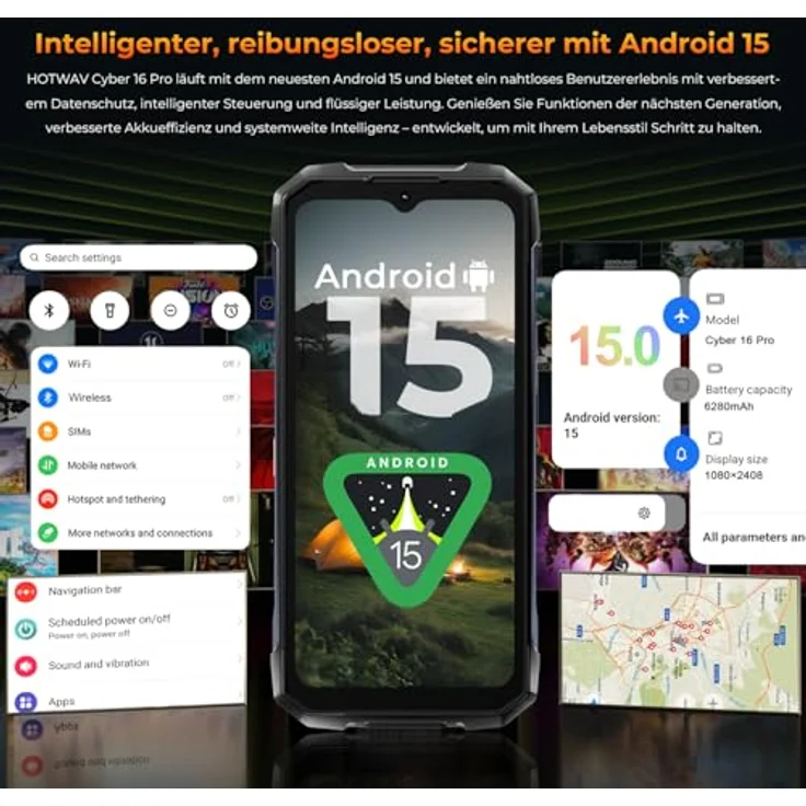 HOTWAV Cyber 16 Pro Outdoor Handy, 6,6" FHD+ 4G Android 15, 8 GB RAM, 512 GB Speicher, 108MP Kamera, IP68/IP69K, Schwarz – Bild 5