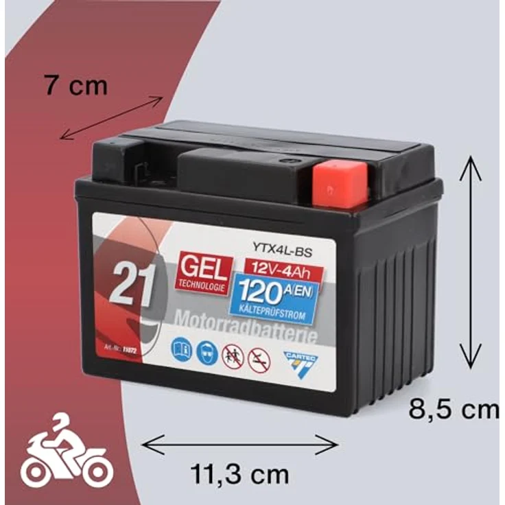 Cartec Gel Motorradbatterie YTX4L-BS 4Ah 120A, wartungsfrei, auslaufsicher, ideal für Mofas und Motorräder – Bild 4
