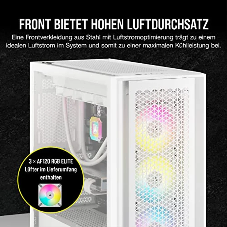 Corsair iCUE 5000D RGB Airflow Mid-Tower-Gehäuse, True White – 3 × AF120 RGB ELITELüfter, iCUE Lighting Node PRO-Beleuchtungssteuerung – Konstruktion Mit Hohem Luftdurchsatz - Weiß – Bild 3