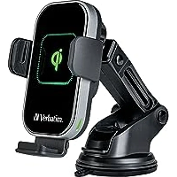 Verbatim Qi Fast Wireless Car Charger FWC-02, Handyhalterung mit Ladefunktion fürs Auto, induktive Handy Ladestation, Fluoreszierendes KFZ Ladegerät für iPhone und Android