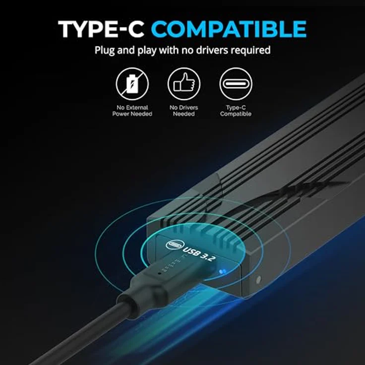 SABRENT NVMe Gehäuse EC-PNVO, USB 3.2 Type-C für M.2 SSDs 2230/2242/2260/2280, 10Gbps Gen 2, werkzeuglos mit Aluminium-Kühlkörper, inklusive Type-A Adapter, Plug & Play – Bild 2