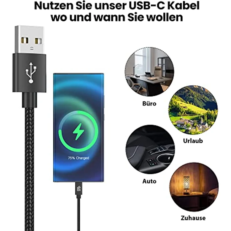 JAMEGA USB-C Kabel Nylon Schnell Ladekabel 3m, kompatibel mit Samsung Huawei HTC LG, hochqualitativ mit Knickschutz und 5 Gbps Datentransfer – Bild 6