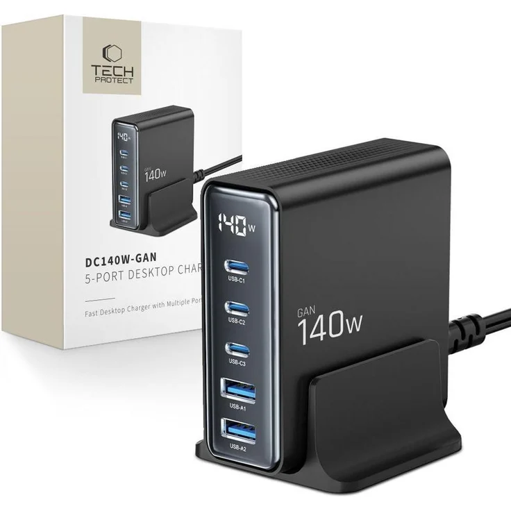 Tech-Protect DC140W-GAN Charger, 140W USB Ladegerät mit 5 Anschlüssen und GaN-Technologie, Schwarz