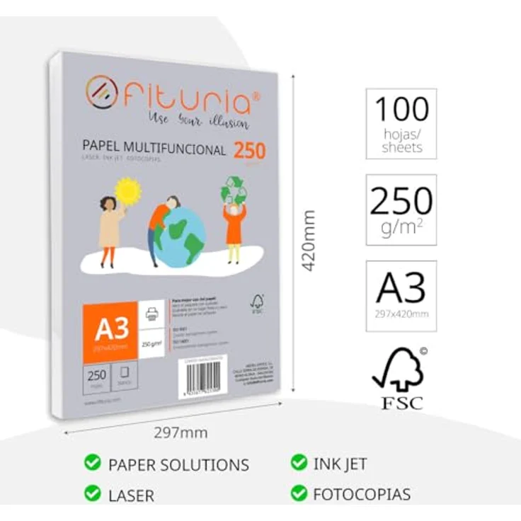 OFITURIA DIN A3 Druckerpapier, Packung mit 100 weißen Blättern, 250g, multifunktional für Laser- und Tintenstrahldrucker, FSC-zertifiziert – Bild 2