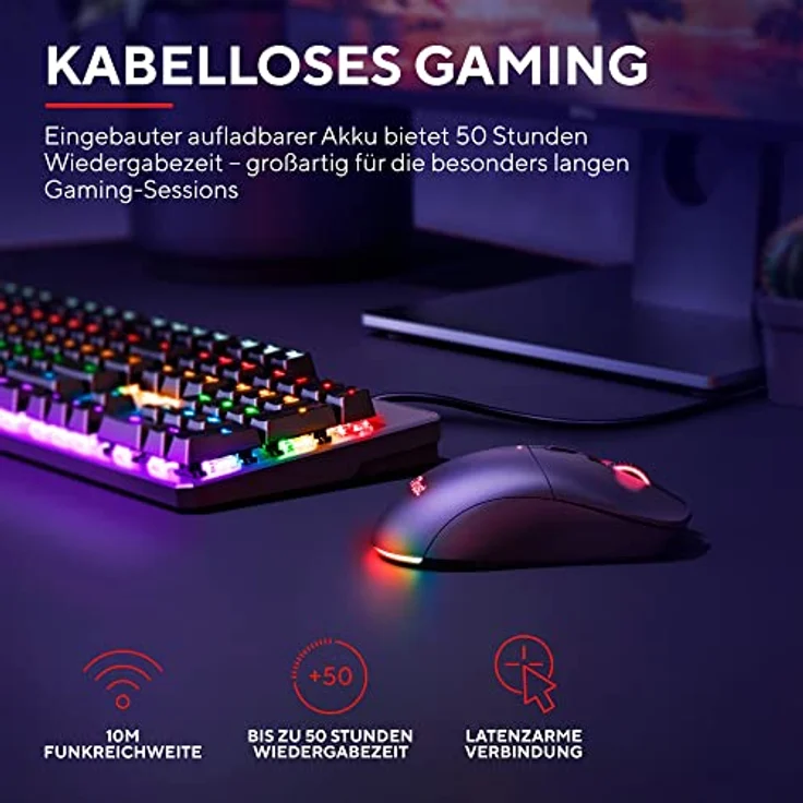 Trust Gaming GXT 980 Redex Wiederaufladbare Kabellose Gaming-Maus, 200-10.000 DPI, Geringer Latenz, RGB-Maus, 6 Programmierbare Tasten, USB-Dongle, PC-Maus für Laptop, Computer, Windows – Schwarz – Bild 2