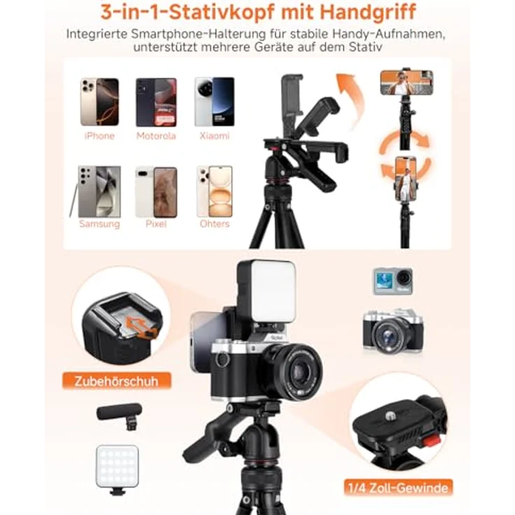 Rollei Compact Creator Stativ, 152cm Reisestativ aus Aluminium mit integrierter Handy-Halterung, Fernauslöser und 360° Kugelkopf für DSLR und Smartphones – Bild 4